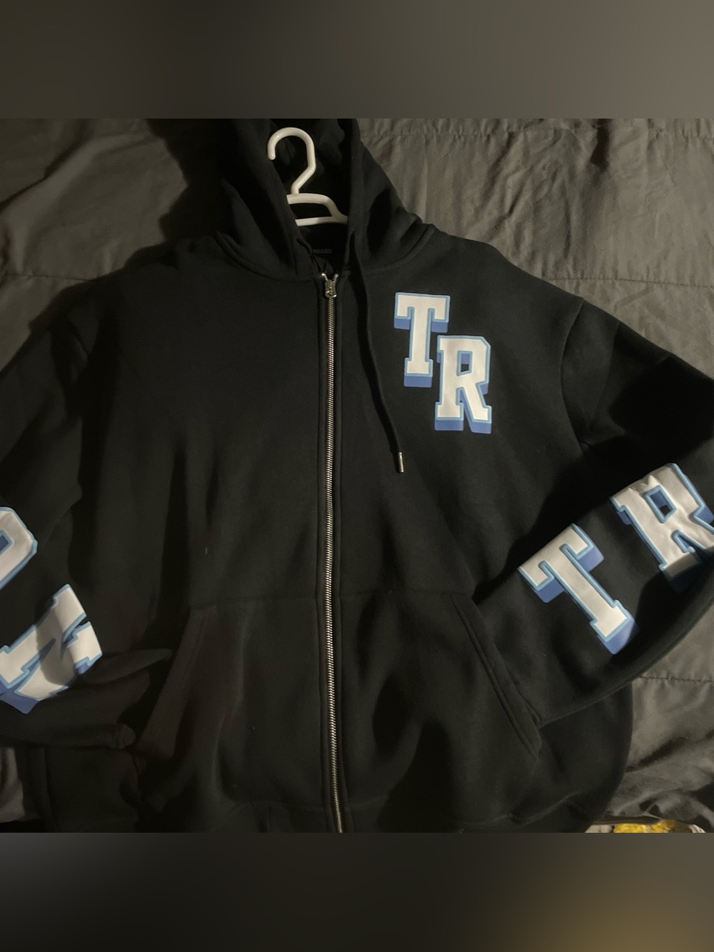 True Religion Black Zip-Up Hoodie with Light Blue & White TR Lettering